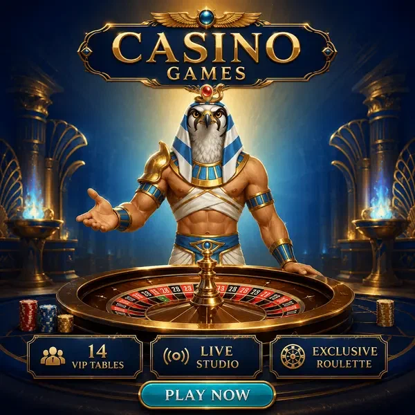 Croupier à tête de faucon présentant une roue de roulette au studio de casino en direct AmunRa Casino