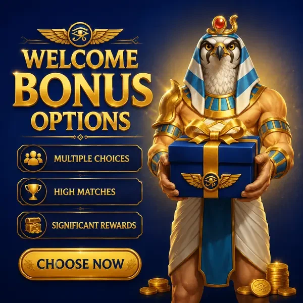 Majestueuse figure à tête de faucon présentant un cadeau de bonus sans dépôt dans la salle du trône du casino AmunRa