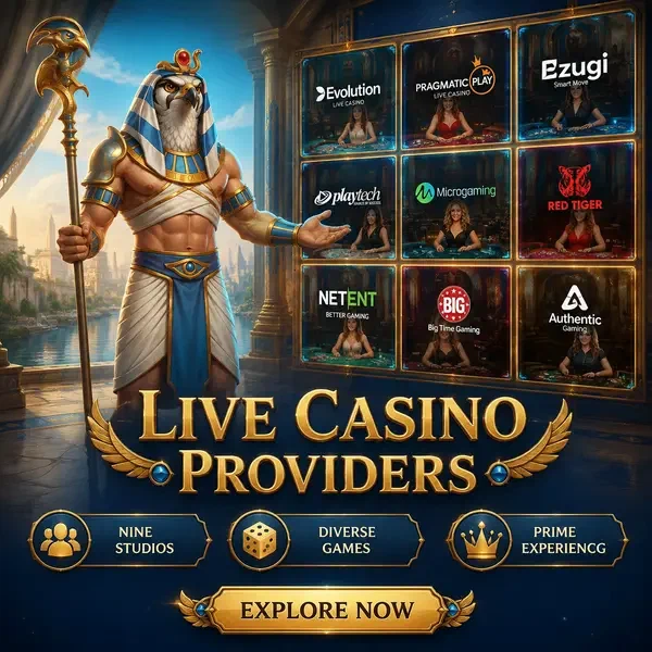 Studio de croupier en direct chez AmunRa avec les logos des fournisseurs illuminant la salle de jeu