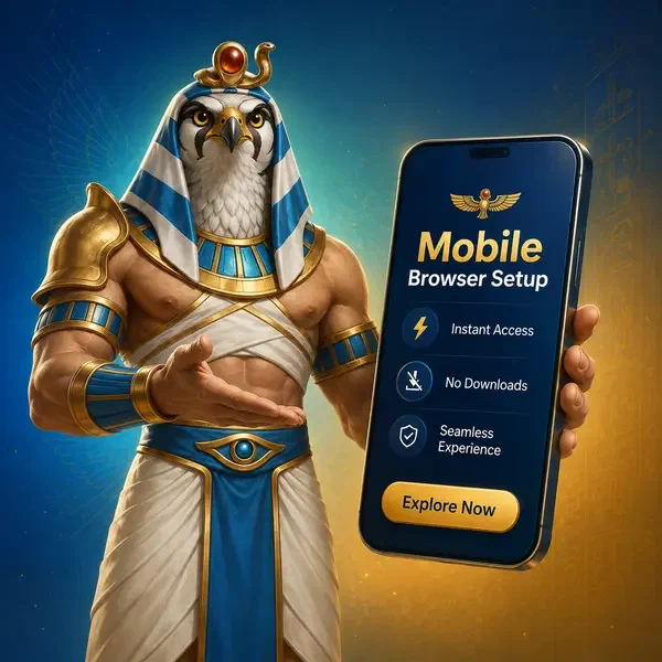 Guide majestueux AmunRa démontrant la configuration de l'application mobile avec interface smartphone fluide
