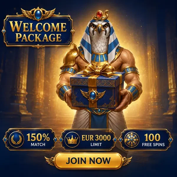 Package de bienvenue du casino AmunRa présenté par un souverain à tête de faucon offrant un cadeau orné aux nouveaux joueurs