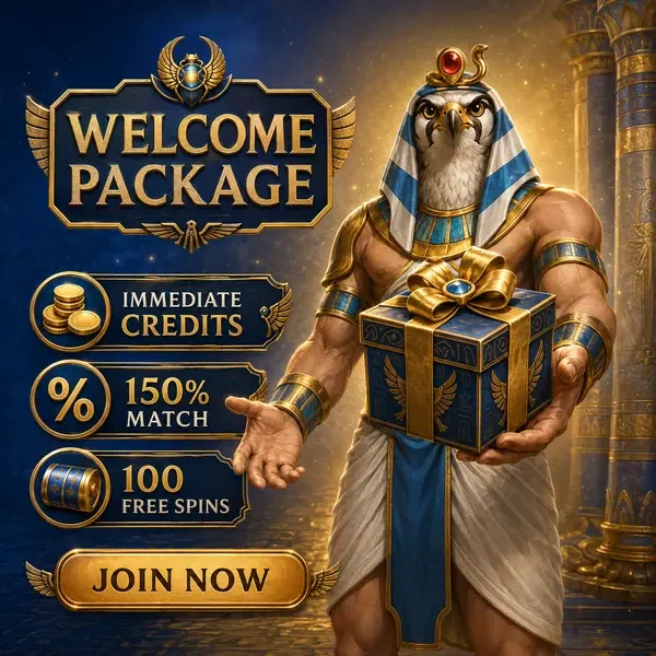 Personnage à tête de faucon présentant le cadeau du bonus de bienvenue à Welcome Package Structure and Mechanics