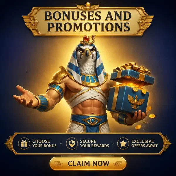 Divinité majestueuse à tête de faucon présentant une boîte cadeau bonus lors de la cérémonie de bienvenue AmunRa