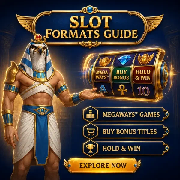 Guide majestueux à tête de faucon présentant les jeux de machines à sous chez AmunRa avec affichage dynamique des rouleaux