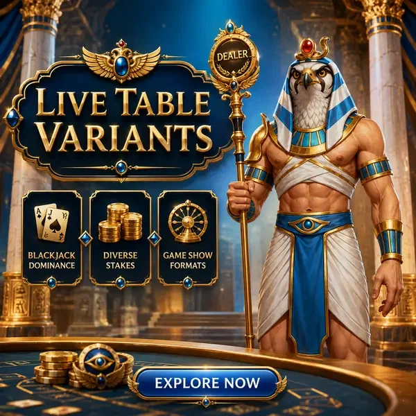 Croupier à tête de faucon avec sceptre doré commandant les Variantes de Tables en Direct au casino en direct Live Table Variants and Game Categories