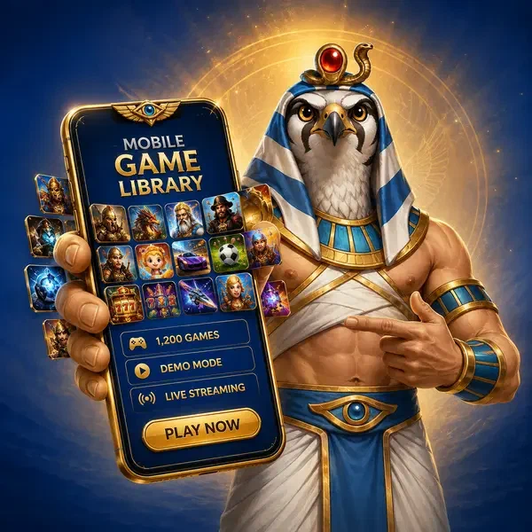 Conservateur à tête de faucon présentant l'application mobile avec 1 200 jeux à la Bibliothèque de Jeux Mobile