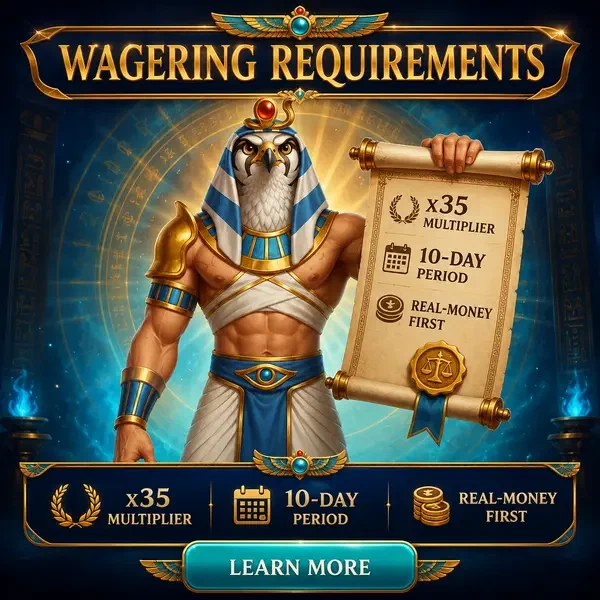 Souverain à tête de faucon présentant le parchemin des conditions de mise à Wagering Requirements and Game Contribution Logic Casino